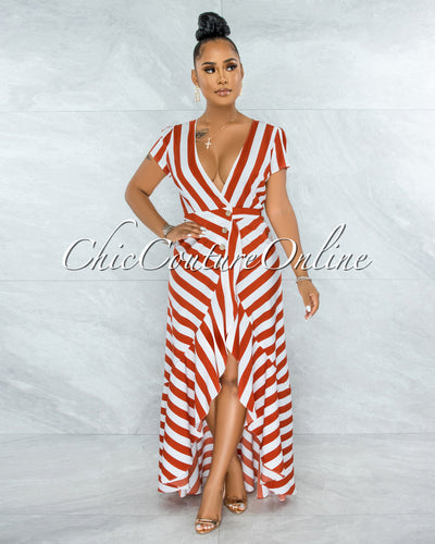 Otmar Orange White Stripes Wrap Ruffle Dress