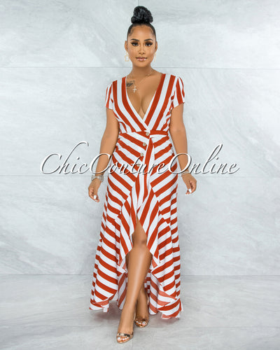 Otmar Orange White Stripes Wrap Ruffle Dress
