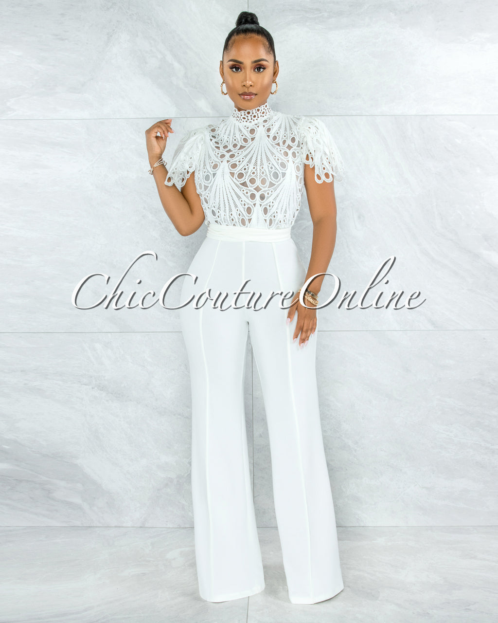 *Charity Off-White Crochet See-Thru Top Ruffle Sleeves Jumpsuit