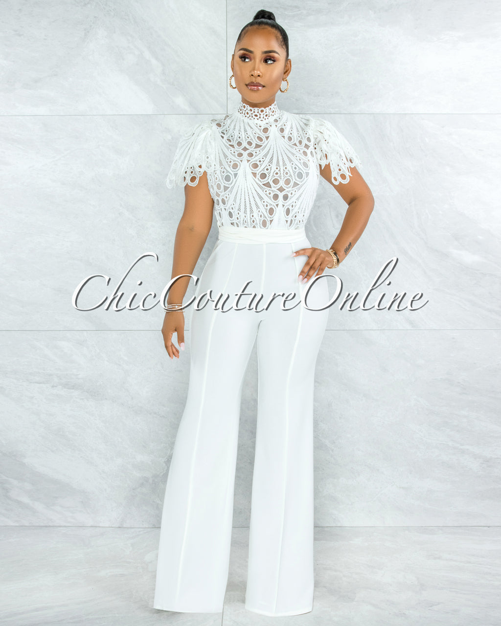 *Charity Off-White Crochet See-Thru Top Ruffle Sleeves Jumpsuit