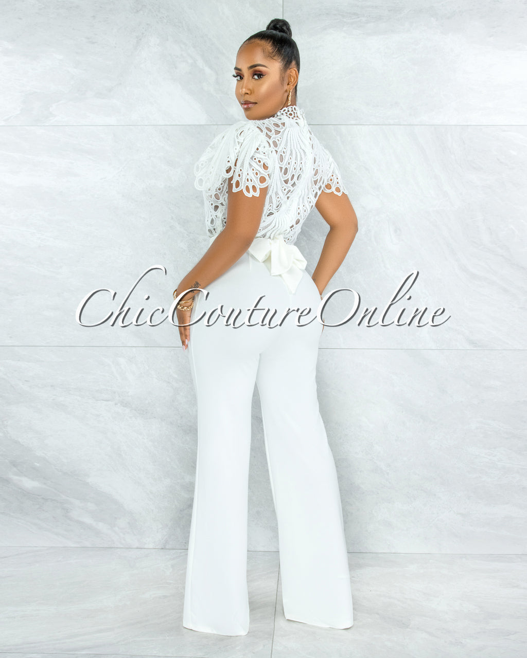 *Charity Off-White Crochet See-Thru Top Ruffle Sleeves Jumpsuit