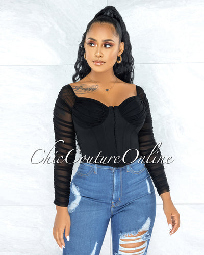 Darian Black Corset Front Hook Closure Drape Top