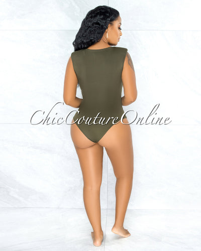 Apria Olive Green Padded Shoulders Bodysuit
