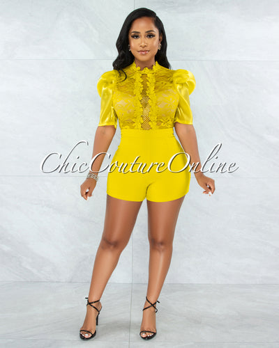 *Ogenya Lime Lace Sequins Sheer Top Tulle Sleeves Romper