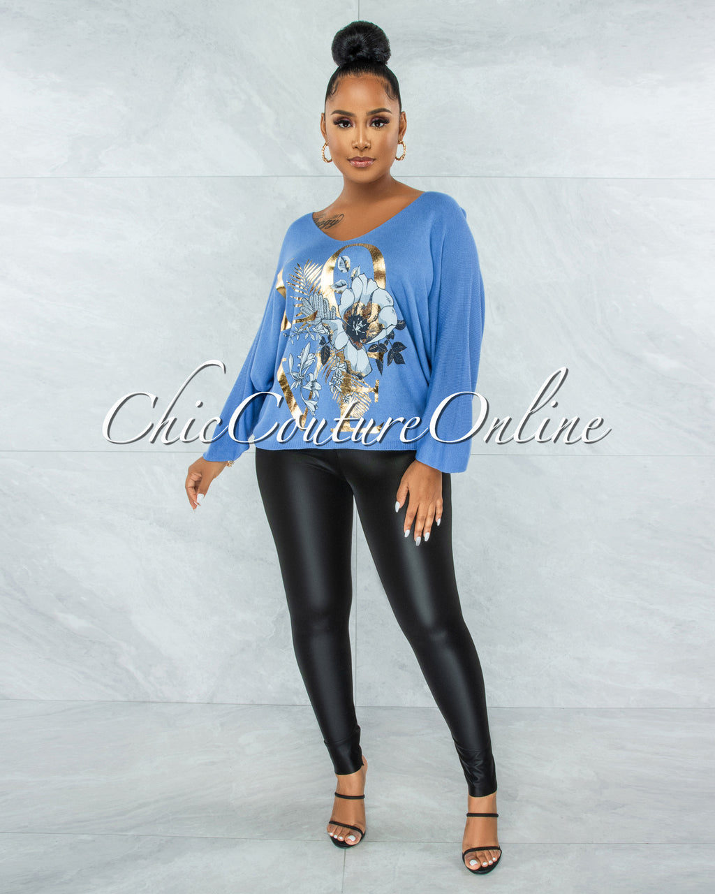 Hazar LOVE Blue Gold Front Graphic Knit Sweater