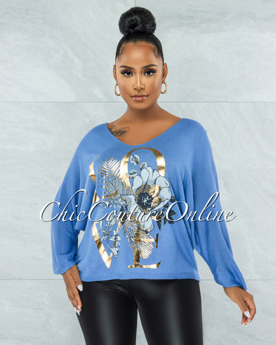 Hazar LOVE Blue Gold Front Graphic Knit Sweater