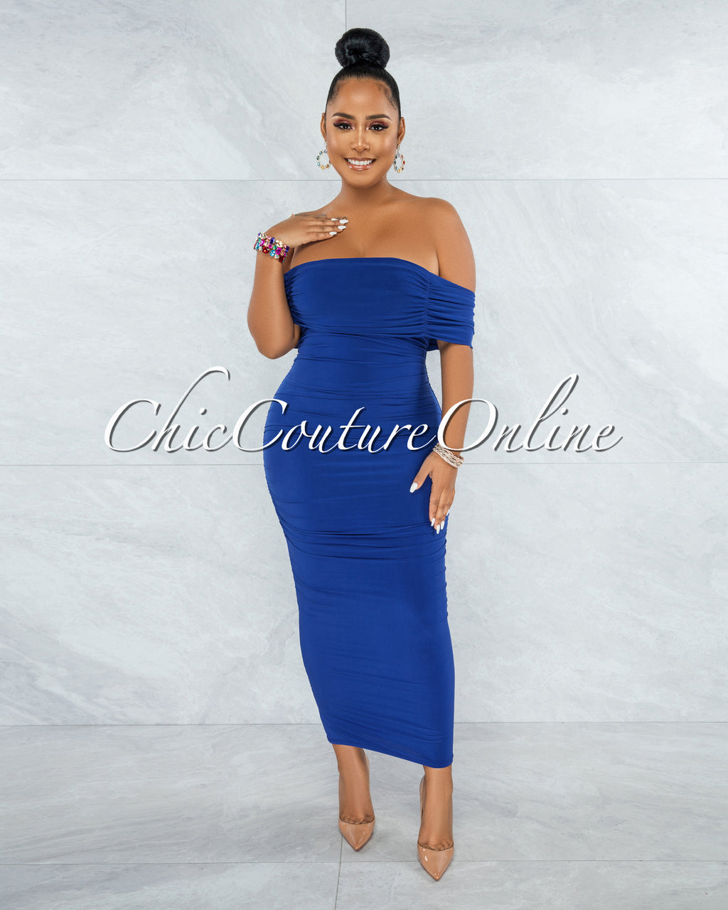 *Belkis Blue Ruched Off-The-Shoulder Midi Dress