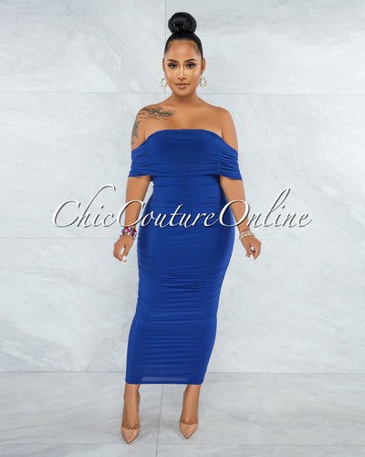 *Belkis Blue Ruched Off-The-Shoulder Midi Dress