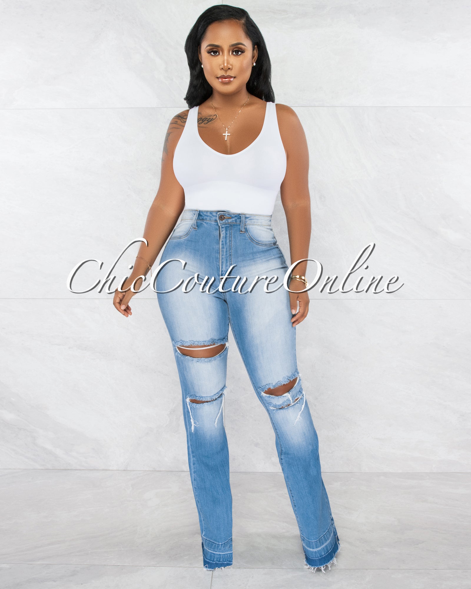*Folker Medium Denim Distressed Bell Legs Jeans