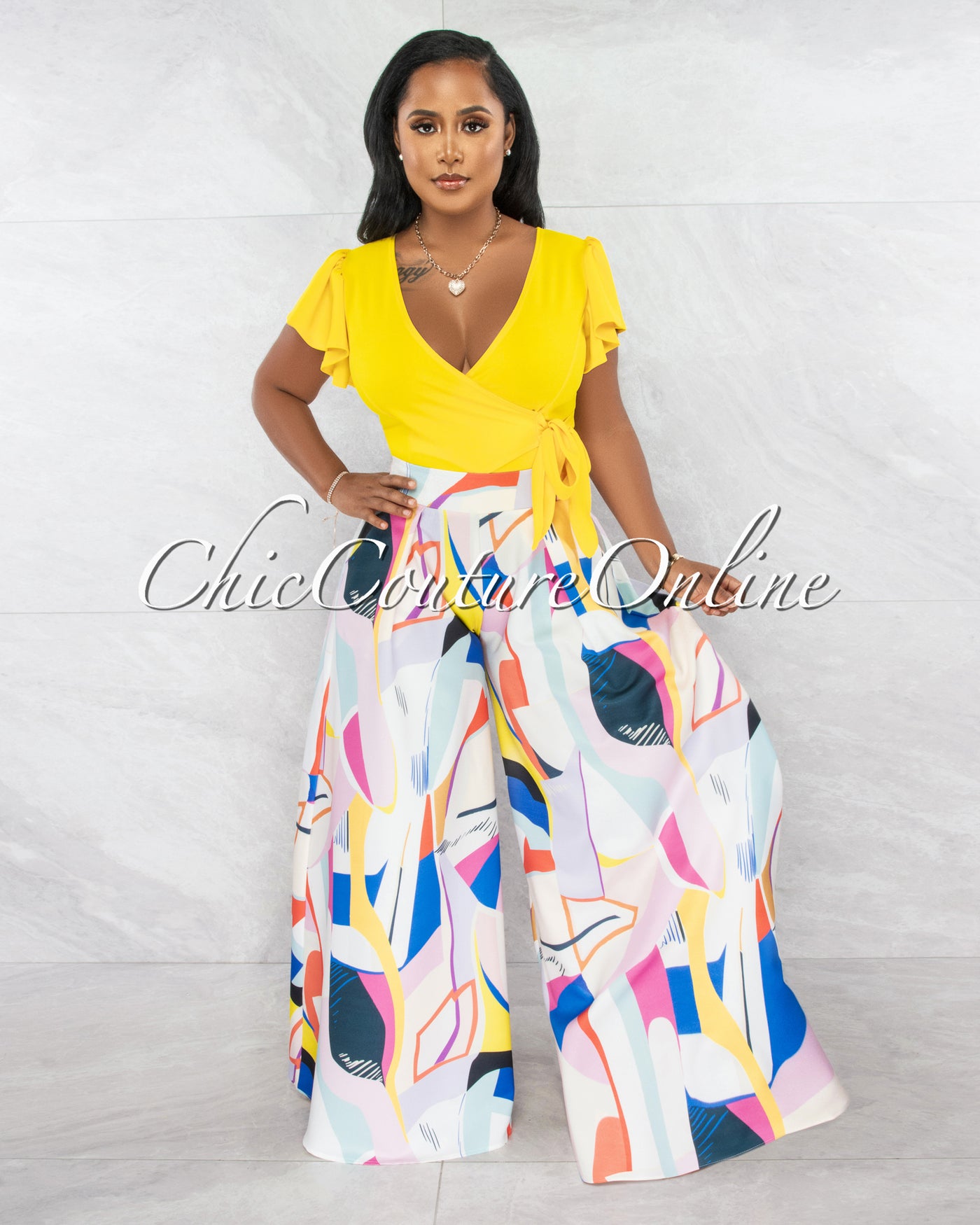 *Oliah Off-White Multi Color Print Pleated Wide Pants