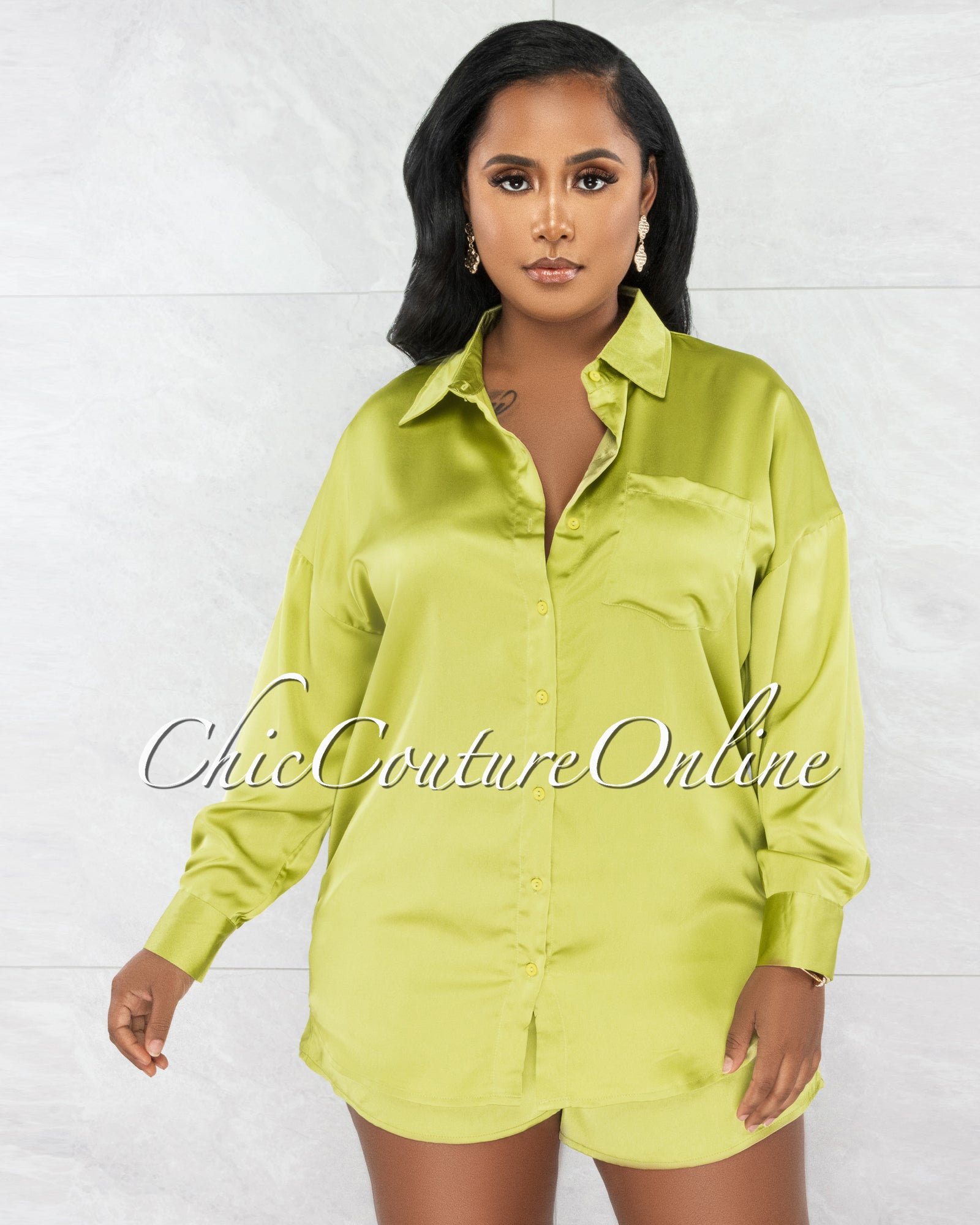 *Medina Apple Green Silky Shirt & Mini Shorts Set