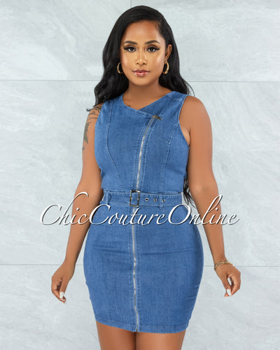 *Pebbles Medium Denim Front Silver Zipper Belted Dress