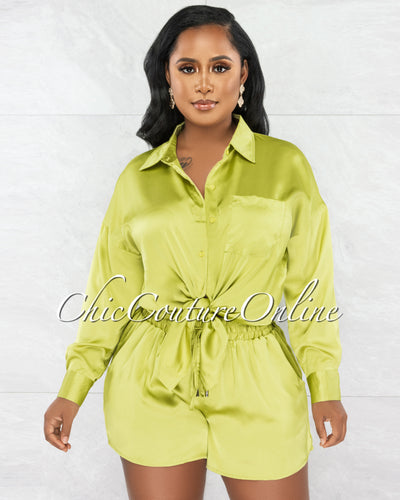 *Medina Apple Green Silky Shirt & Mini Shorts Set