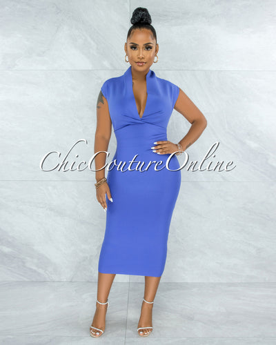 *Fernie Periwinkle V Neck Draped Bandage Midi Dress