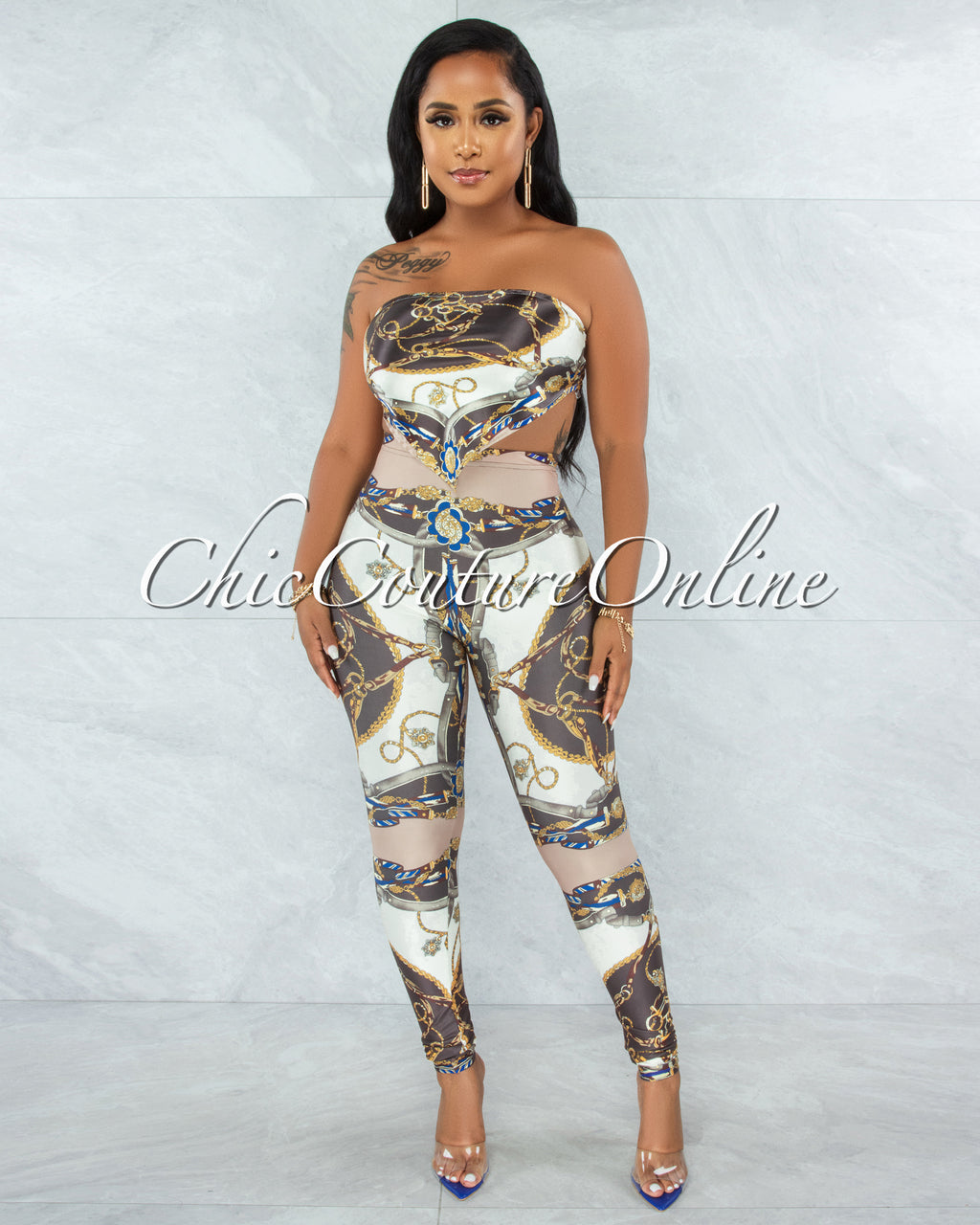 *Hanya Brown Nude Print Scarf Satin Top & Leggings Set