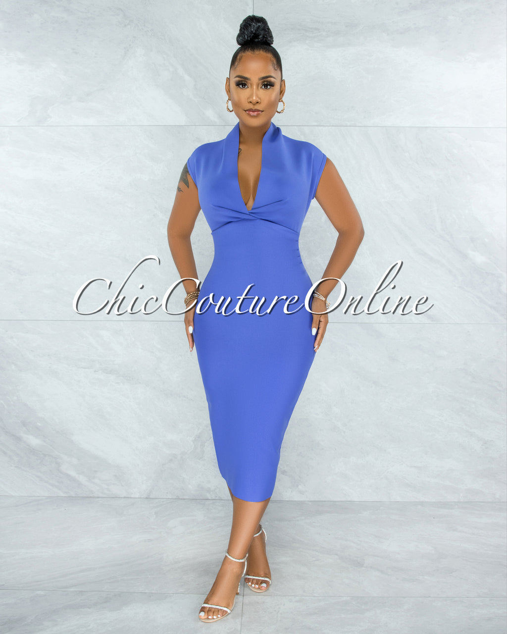 *Fernie Periwinkle V Neck Draped Bandage Midi Dress