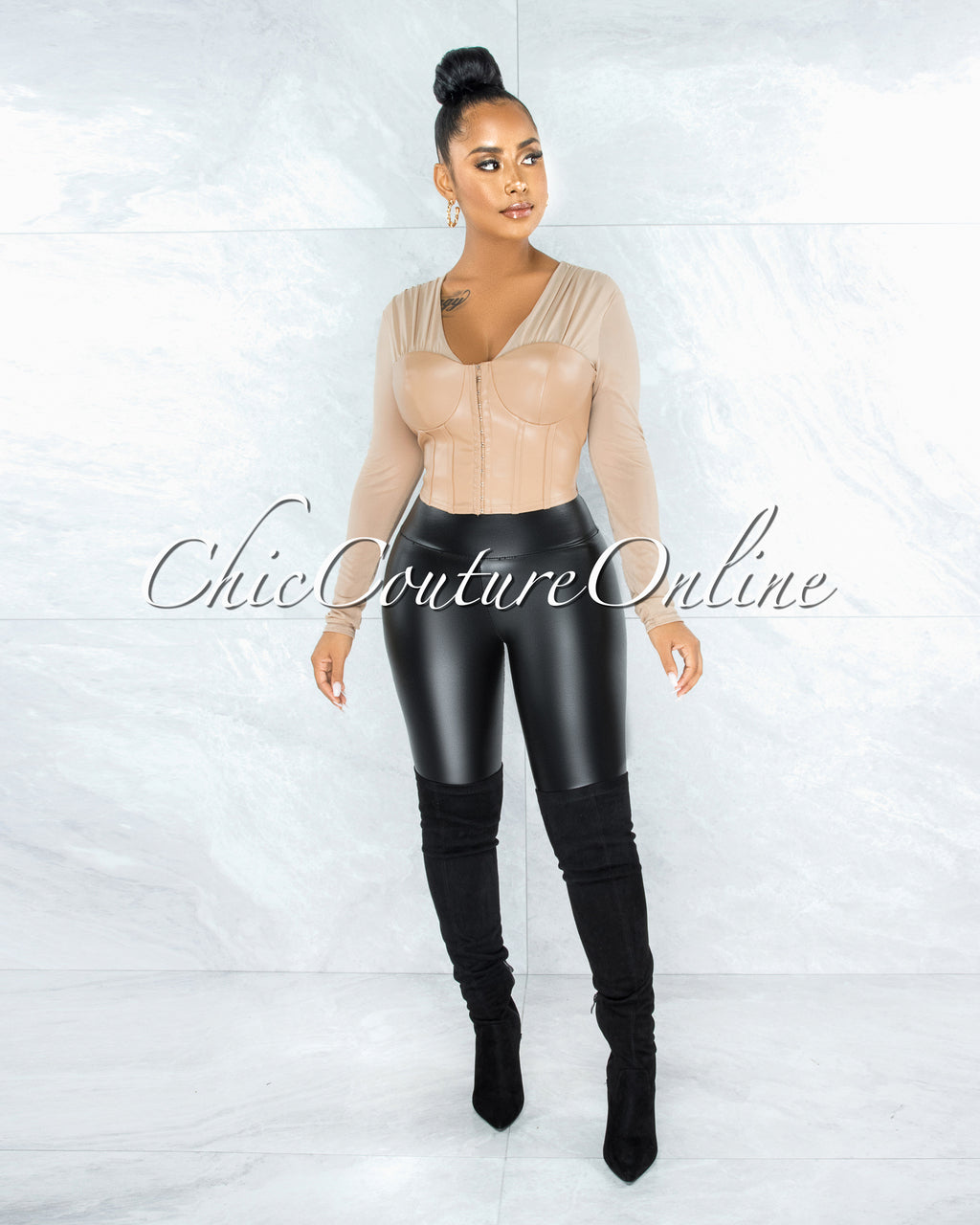 Ayele Nude Corset Front Hook Closure Faux Leather Mesh Top
