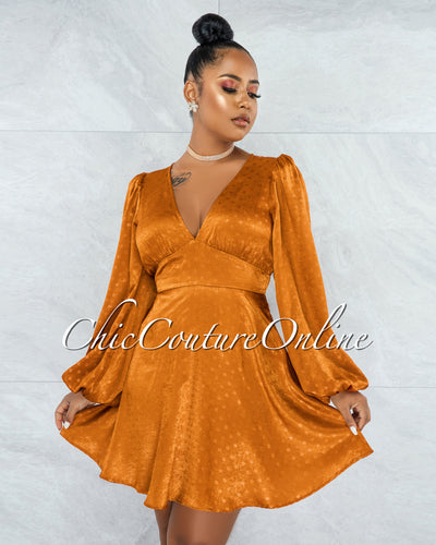 Oprah Bronze Polka Dots Long Sleeves Satin Dress