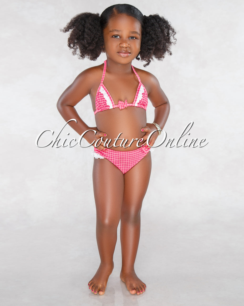*Queenie Red Gingham Lace Details Two Piece Kids Swimsuit