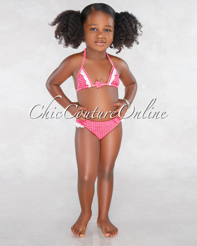 *Queenie Red Gingham Lace Details Two Piece Kids Swimsuit