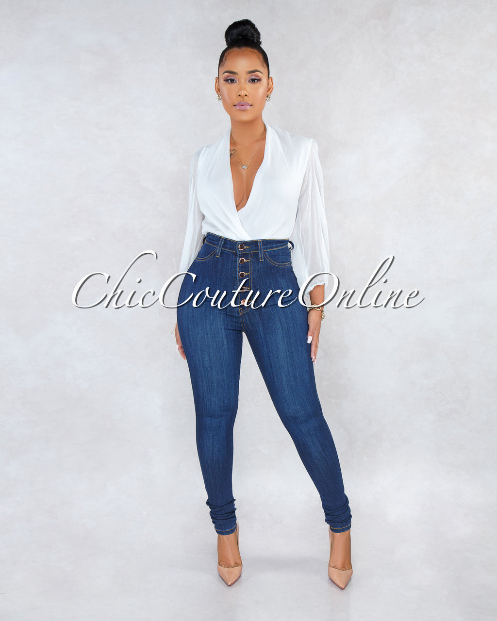 Kiana Indigo Denim Button Up High Waist Skinny Jeans