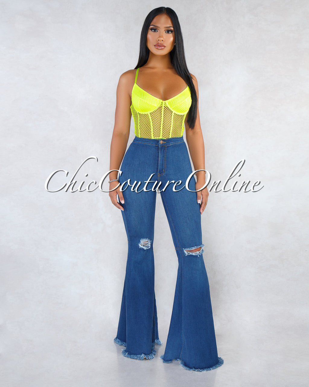 *Jewel Blue Denim High Waist Destroyed Knee Bell Leg Pants