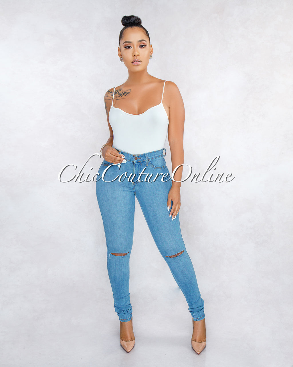 *Kenya Light Blue Denim Cut-Out Knees Jeans