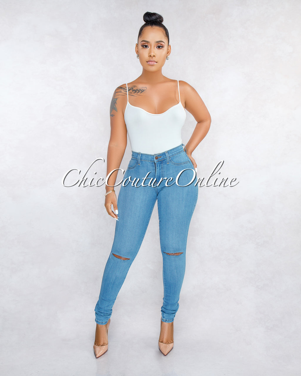 *Kenya Light Blue Denim Cut-Out Knees Jeans