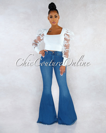 *Chayanne Medium Blue Denim High Waist Bell Bottom Jeans