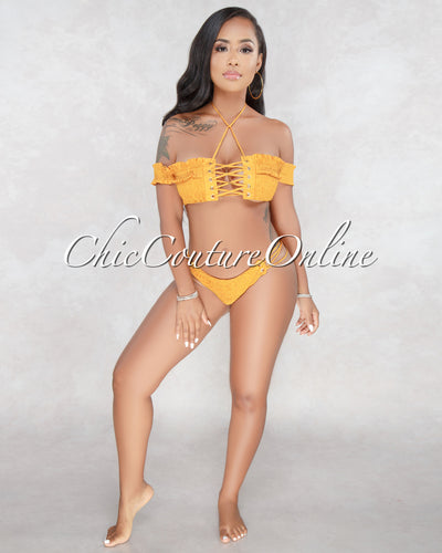 *Lisa Mustard Yellow Smocked Bikini Set
