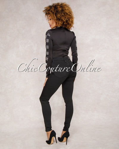 *Bexxie Black Nude Rhinestones Bodysuit